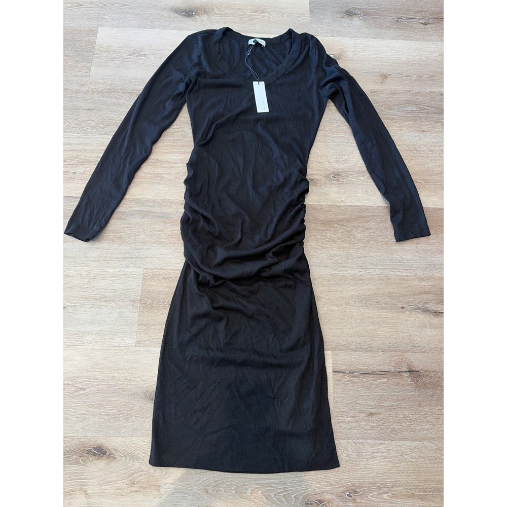 Michael Stars Womens Nova Ultra Ruched Long Sleeve V-Neck Ribbed Midi Dress